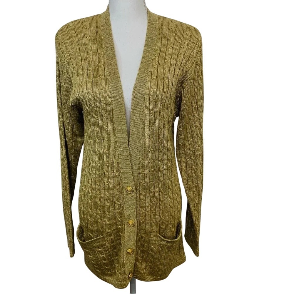 Vtg‎ Outlander Cardigan Woman Small Gold Metallic Chunky Pockets Oversized